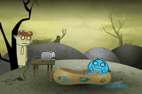 a cartoon drawing of a toaster and a blue monster