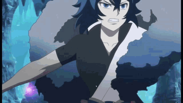 a cartoon character with black hair and blue eyes is standing in front of a blue background