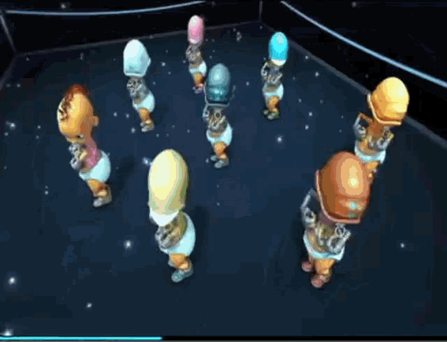 a group of cartoon characters are standing next to each other in a row .