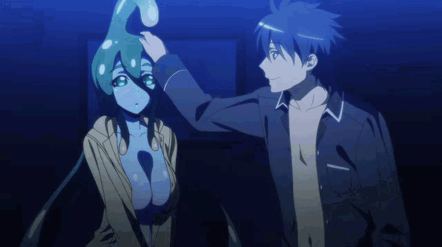 a man touches the head of a girl with a long neck
