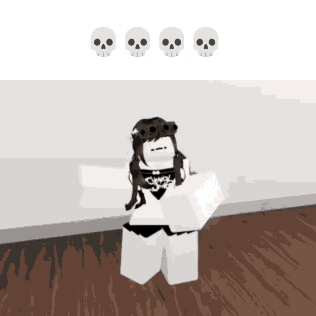 a cartoon character with a crown of skulls on her head is standing on a wooden floor