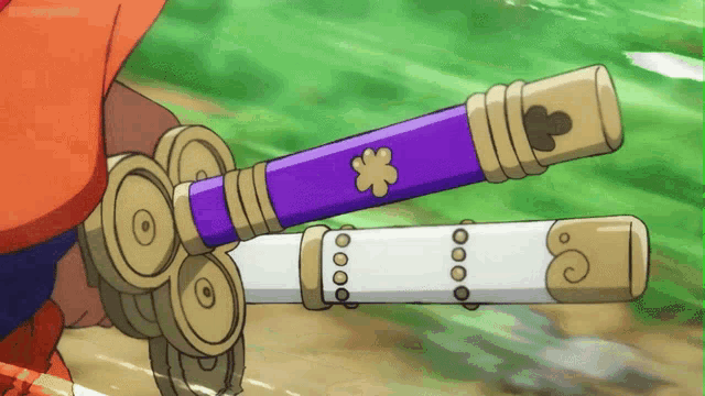 a person is holding a purple and white sword