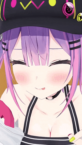 a girl with purple hair is wearing a black hat that says ' w ' on it