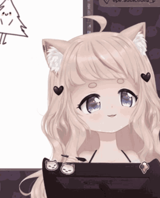 a drawing of a girl with cat ears and a tablet that says powart