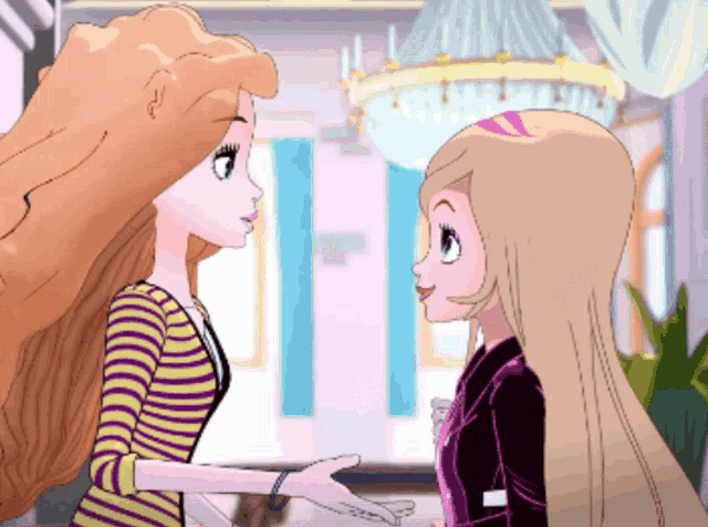 two dolls are standing next to each other in a room with a chandelier in the background