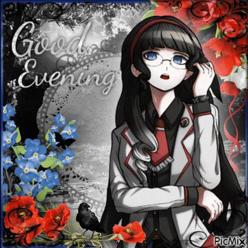 a picture of a girl with glasses and the words good evening