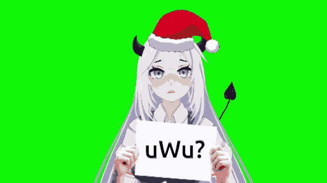 a girl wearing a santa hat is holding a sign that says ' uwu '