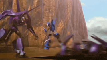 a purple robot is fighting another robot in front of a mountain .