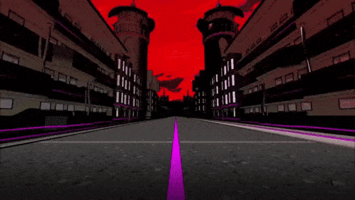a computer generated image of a city street with purple and white buildings and a red sky in the background .