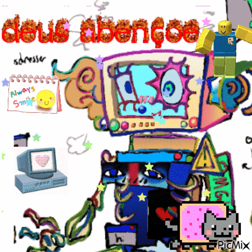 a colorful drawing of a robot with the words deus abençoe written on it