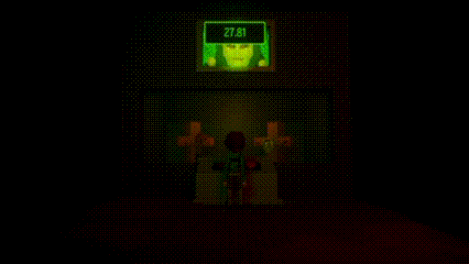 a pixel art of a person standing in front of a screen with a clock on it .