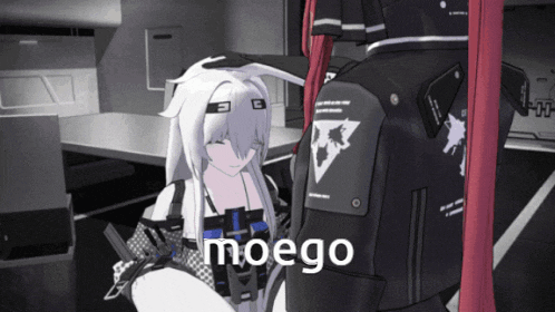 a girl with white hair is standing next to another girl with red hair and the word moego is on the back of the girl 's jacket