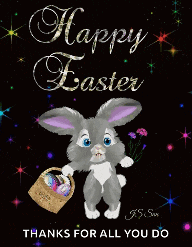 a happy easter card with a bunny holding a basket of easter eggs