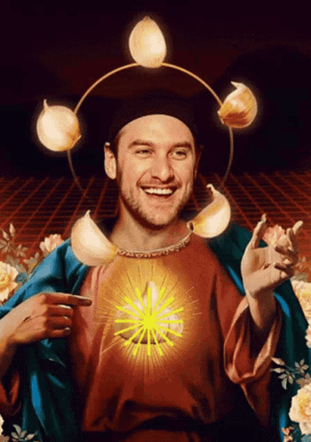 a painting of a man in a religious costume with garlic on his head