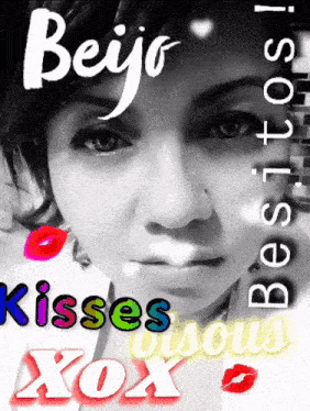 a black and white photo of a woman with the words beijo kisses xoxo on the bottom