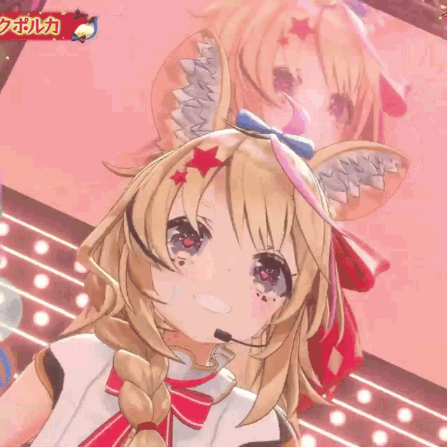 a close up of a anime girl with a microphone on