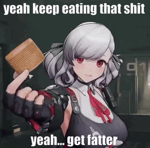 a picture of a girl holding a piece of cake with the caption " yeah keep eating that shit yeah get fatter "