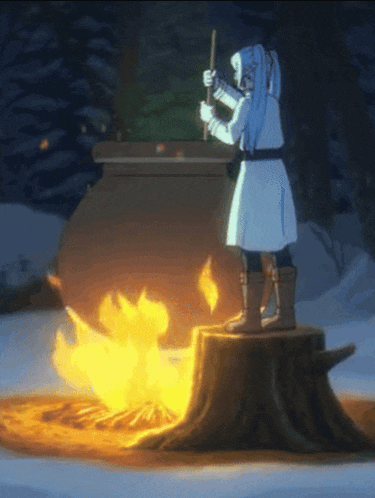 a person standing on a tree stump in front of a pot of fire