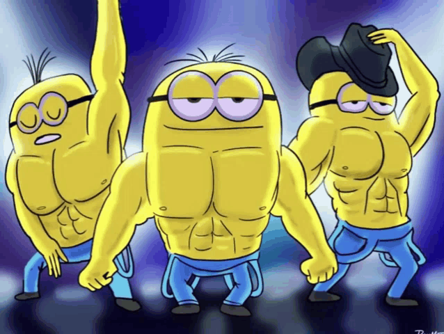 a cartoon of three muscular minions with a cowboy hat