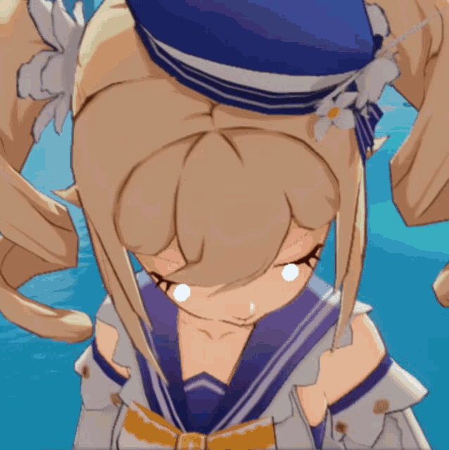 a close up of a cartoon character with a blue hat