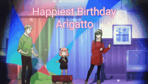 happiest birthday arigato is written in pink on a colorful background