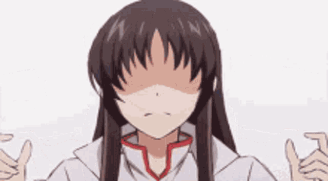 a girl with long hair is covering her face with her hands and giving a thumbs up sign .