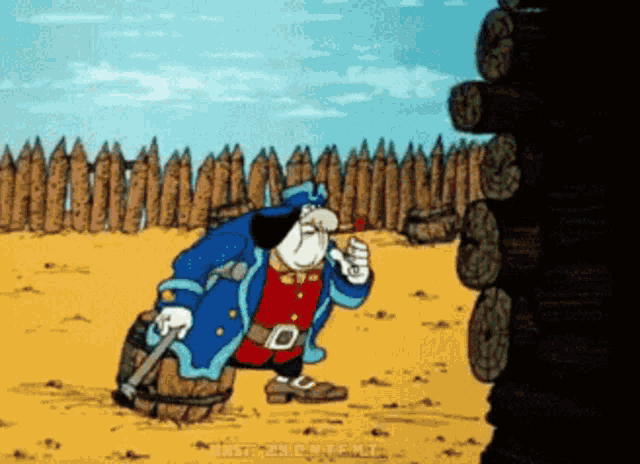 a cartoon of a pirate with a barrel and a sword standing in front of a wooden fence
