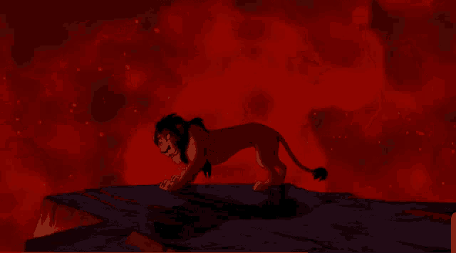 a cartoon lion is standing on a rock with a red background