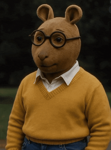 a stuffed animal wearing a yellow sweater and glasses