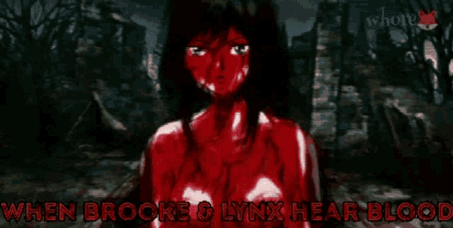 a close up of a person 's eye with a red background and the words `` when brooke & lynx hear blood ''