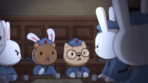 a group of cartoon characters are sitting around a table and one of them has a red star on his hat