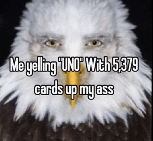 a bald eagle with the words me yelling uno with 5,379 cards up my ass above it