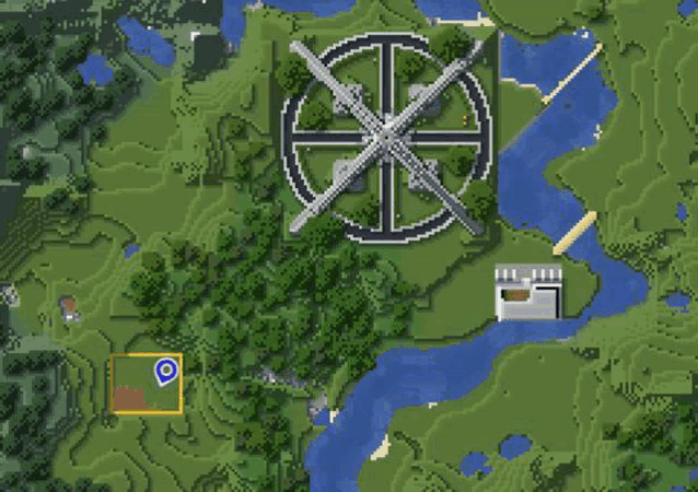 an aerial view of a minecraft map with a large circle in the middle of the map .