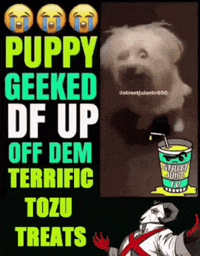 a poster that says puppy geeked of up off dem terrific tozu treats