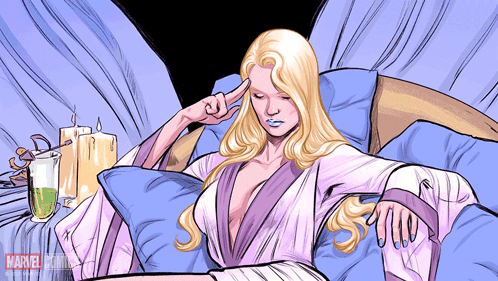 a drawing of a woman laying on a bed with a marvel comics logo