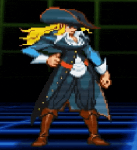a pixel art of a woman in a pirate outfit holding a gun