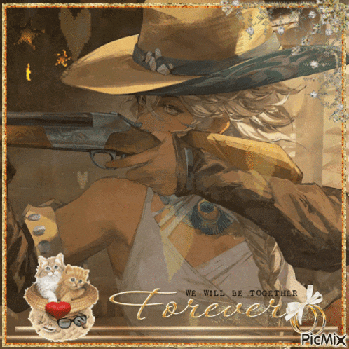 a picture of a woman holding a gun with the words " we will be together forever " on the bottom