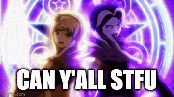 a couple of anime characters are standing next to each other with the words `` can y'all stfu '' written on the bottom .