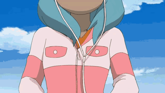 a girl wearing headphones and a pink and white jacket