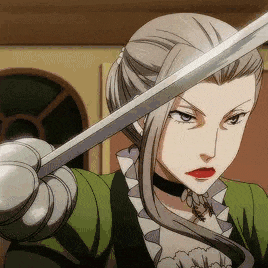 a woman in a green jacket is holding a sword .