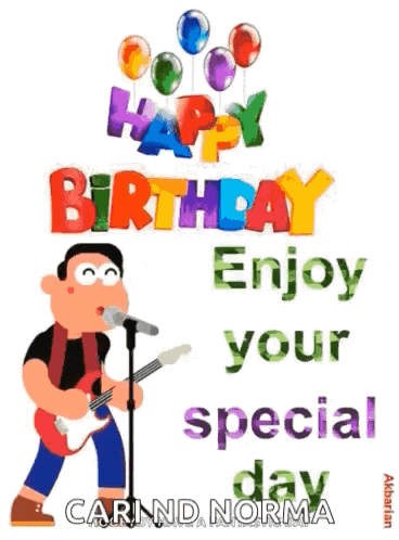 a cartoon of a man singing into a microphone with balloons behind him .