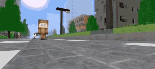 a minecraft character is walking down a street with buildings in the background