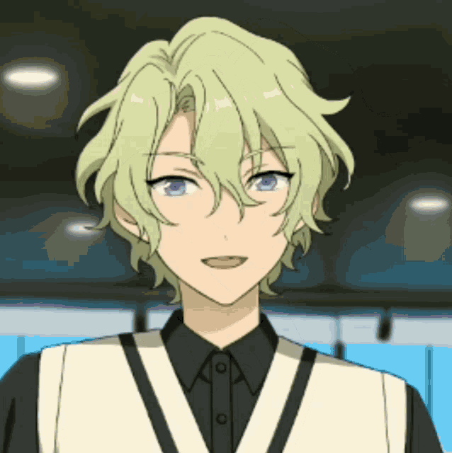 a boy with green hair and purple eyes is wearing a black shirt and vest