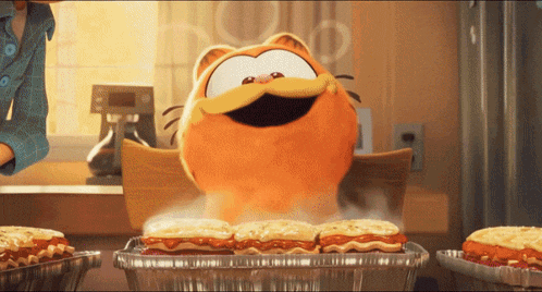 a cartoon character named garfield is cooking lasagna in a pan