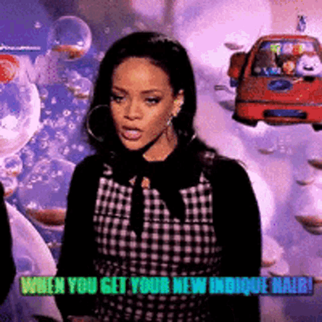 a picture of a woman with the words when you get your new indique hair on it