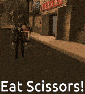 a person is holding a pair of scissors with the words eat scissors below it