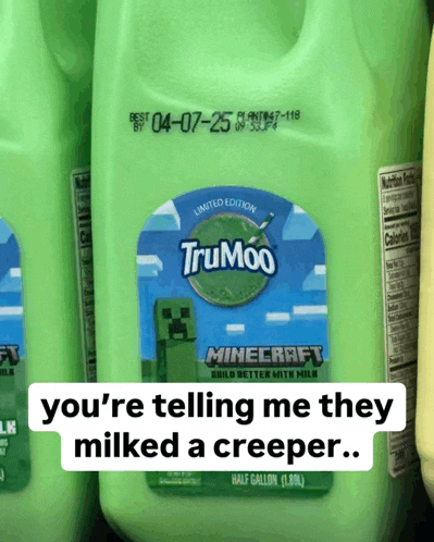 a bottle of trumoo minecraft milk with a creeper on it