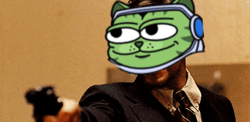 a man in a suit and tie is pointing a gun at a cartoon cat