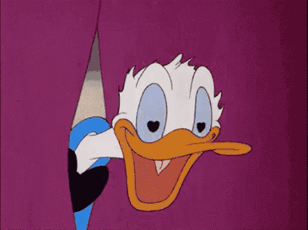 a cartoon duck with heart shaped eyes is peeking out of a purple curtain .
