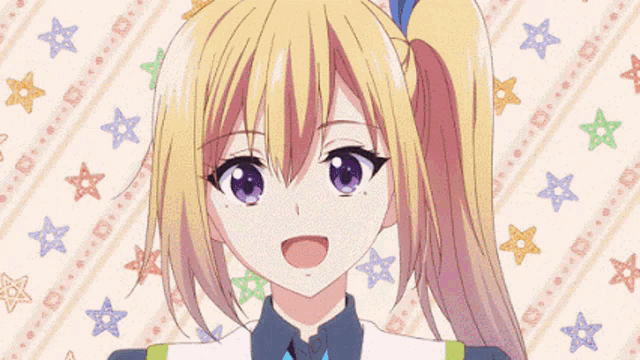 a girl with blonde hair and purple eyes is standing in front of a patterned background with stars